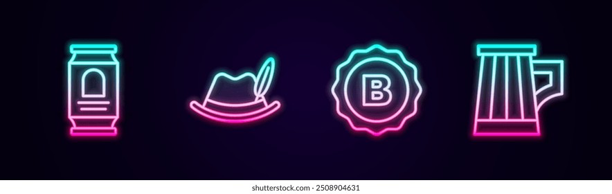 Set line Beer can, Oktoberfest hat, Bottle cap and Wooden beer mug. Glowing neon icon. Vector