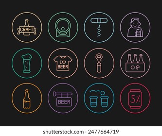 Set line Beer can, Pack of beer bottles, Wine corkscrew, T-shirt, Glass, Bottle opener and Wooden barrel on rack icon. Vector