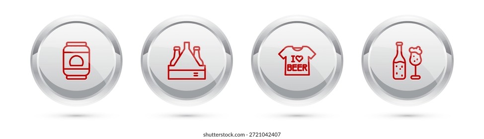 Set line Lata de cerveza, Pack de botellas de cerveza, camiseta y vaso. Botón de círculo plateado. Vector