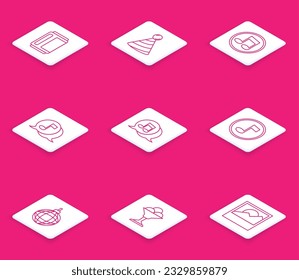 Set line Beer can, Party hat, Music note, tone, Musical in speech bubble, Disco ball and Ice cream bowl icon. Vector