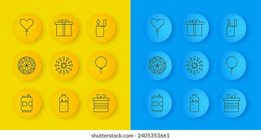 Set line Beer can, Pizza, Firework, Gift box, Balloon with ribbon, in form of heart, Lighter and  icon. Vector