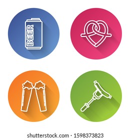 Set line Beer can, Pretzel, Glass of beer and Sausage on the fork. Color circle button. Vector