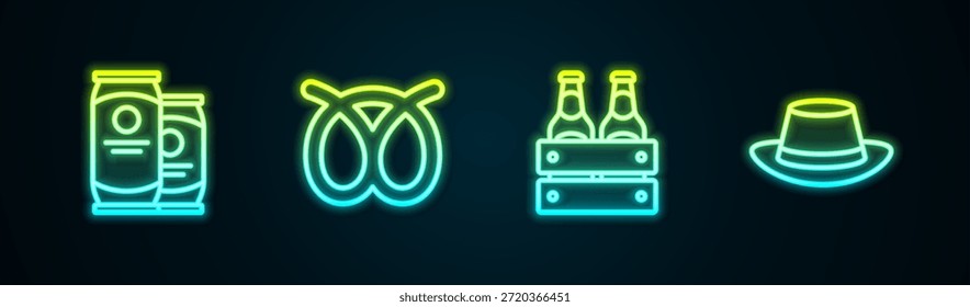 Set line Lata de cerveza, Pretzel, Pack de botellas de cerveza y sombrero Oktoberfest. Icono de neón brillante. Vector