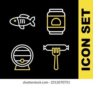 Set line Beer can, Sausage on the fork, Wooden barrel rack and Dried fish icon. Vector