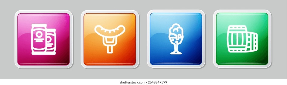 Set line Beer can, Sausage on the fork, Glass of beer and Wooden barrel. Colorful square button. Vector