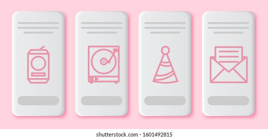 Set line Beer can , Vinyl player with a vinyl disk , Party hat  and Envelope with invitation card . White rectangle button. Vector