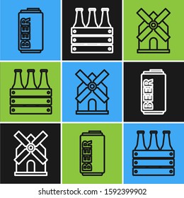 Set line Beer can, Windmill and Pack of beer bottles icon. Vector