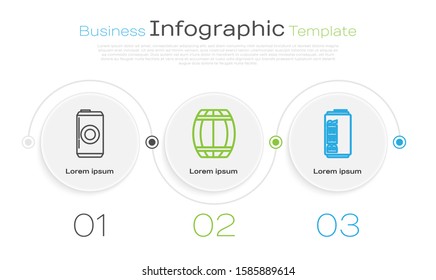 Set line Beer can, Wooden barrel and Beer can. Business infographic template. Vector