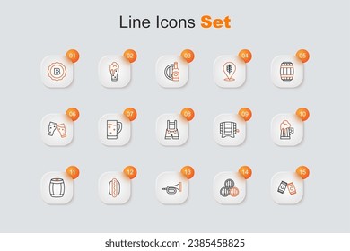 Set line Beer can, Wooden barrel, Trumpet, Hotdog sandwich, beer mug, on rack and Lederhosen icon. Vector