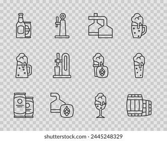 Set line Beer can, Wooden barrel, brewing process, bottle and beer, tap with glass, Glass of and  icon. Vector