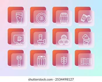 Set line Beer can, Wooden barrel, Wheat, tap, Glass of beer and Bottle cap icon. Vector