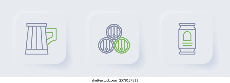 Set line Beer can, Wooden barrel and beer mug icon. Vector