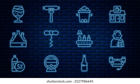 Casco de la cerveza de la línea del sistema, hombre feliz con la cerveza, cubo de hielo, sacacorchos del vino, paquete de botellas, vidrio, banda transportadora, y salchicha el icono del tenedor. Vector