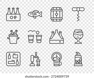 Set línea de menú de cerveza, abrebotellas, barril de madera, toque con vidrio, paquete de botellas de cerveza, juego de pong, hora feliz e icono de vidrio. Vector