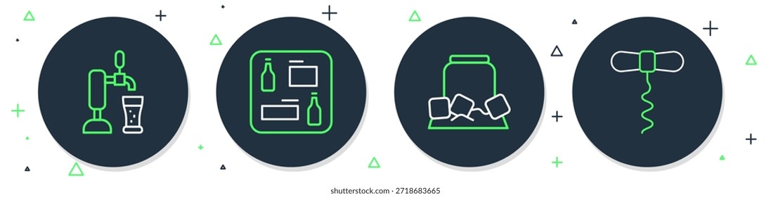 Establecer línea de menú de cerveza, lata de cerveza fría, toque con vidrio y el icono de sacacorchos de vino. Vector