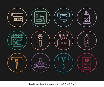 Set line Beer menu, Plastic beer bottle, helmet, Bottle opener, Saint Patricks day calendar, Street signboard with, Pack of bottles and  icon. Vector