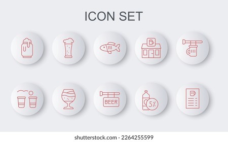 Set line Beer menu, pong game, Dried fish, bottle, can with foam, Glass of beer,  and Street signboard icon. Vector