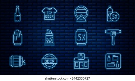 Set line Beer menu, Sausage on the fork, Wooden barrel rack, Bottle opener, can with foam, Plastic beer bottle,  and T-shirt icon. Vector