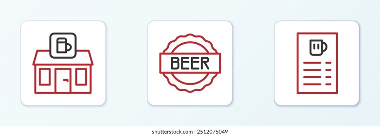 Set line Beer menu, Store building of beer shop and Bottle cap with icon. Vector