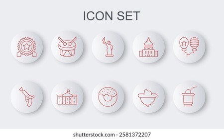 Set line Beer pong game, Vintage pistols, Statue of Liberty, Western cowboy hat, Medal with star, Drum and drum sticks, United States Capitol Congress and Donut icon. Vector