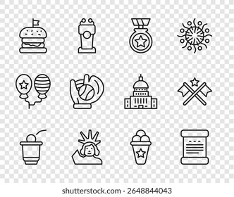 Set line Beer pong game, Declaration of independence, Medal with star, Statue Liberty, Burger, Baseball glove ball, Ice cream waffle cone and American flag icon. Vector
