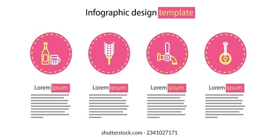 Set line Beer tap, Banjo, Wheat and bottle and glass icon. Vector