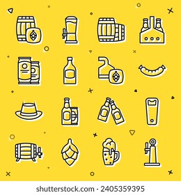 Set line Beer tap, Bottle opener, Sausage, Wooden barrel, bottle, can,  and brewing process icon. Vector