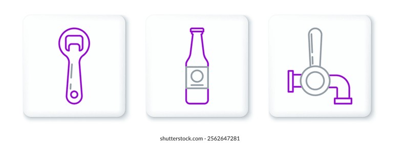 Set line Beer tap, Bottle opener and bottle icon. Vector