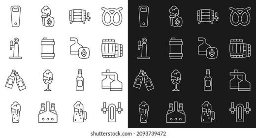 Fijar la línea Grifo de cerveza, proceso de elaboración, Barril de madera, Tubo de cerveza metálico, Abridor de botella e icono. Vector