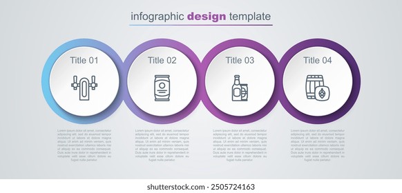 Set line Beer tap, can, bottle and beer and Wooden barrel. Business infographic template. Vector