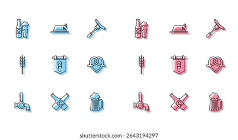 Set line Torneira de cerveja, garrafa de cerveja cruzada, e vidro, Caneca de madeira, Placa de rua com de, Pretzel, Cereais definir arroz, trigo, milho, aveia, centeio, cevada e Oktoberfest ícone chapéu. Vetor