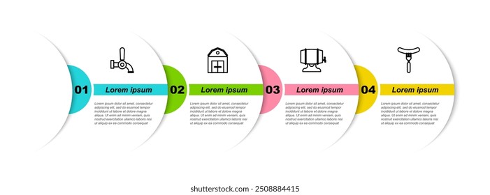 Set line Beer tap, Farm House, Wooden barrel on rack and Sausage the fork. Business infographic template. Vector