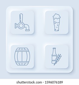 Set line Beer tap, Glass of beer, Wooden barrel and Beer bottle. White square button. Vector