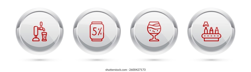 Set line Beer tap with glass, can, Glass of beer and Conveyor band,. Silver circle button. Vector