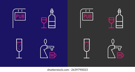 Set line Beer tap with glass, Glass of champagne, Wine bottle and Street signboard Pub icon. Vector