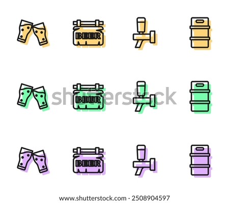 Set line Beer tap, Glass of beer, Street signboard with and Metal keg icon. Vector