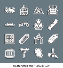 Set line Beer tap, Salami sausage, French baguette bread, Mountains, Picnic table with benches, Homemade pie, Pistachio nuts and Wooden barrels icon. Vector