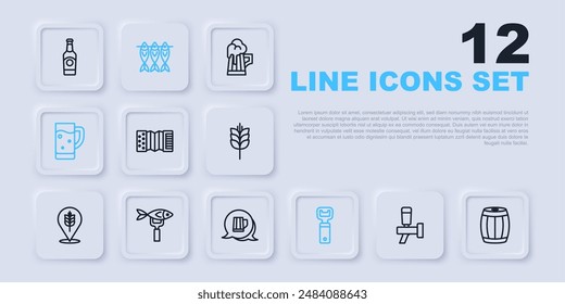 Set line Beer tap, Wooden barrel, Accordion, Bottle opener, Glass of beer, Dried fish,  and mug icon. Vector