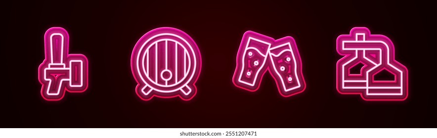 Set Linie Bierhahn, Holzfass, Glas Bier und Brauprozess. Leuchtendes Neonsymbol. Vektorgrafik