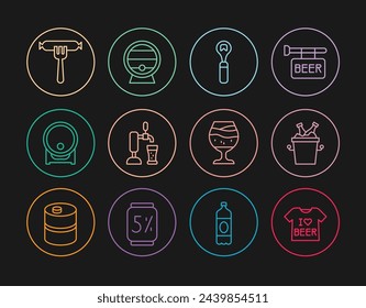 Set line Beer T-shirt, bottles in ice bucket, Bottle opener, tap with glass, Wooden barrel on rack, Sausage the fork, Glass of beer and  icon. Vector