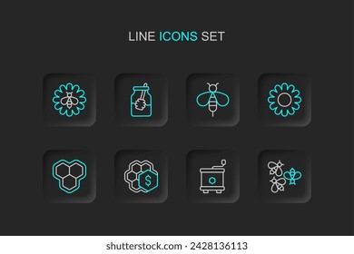 Set Linie Bienen, Honig Extraktor, Verkauf von Wabe, Wabe, Blume, Glas und Löffel Stock und Blume Symbol. Vektor