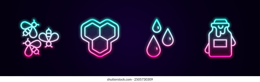 Set line Bees, Honeycomb, Drops of honey and Jar. Glowing neon icon. Vector