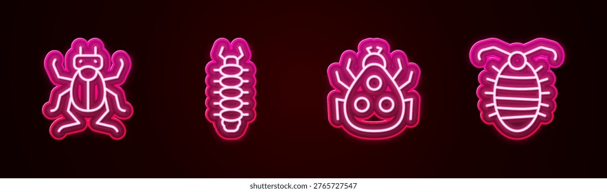 Set line Beetle bug, Centipede, Ladybug and Larva insect. Glowing neon icon. Vector