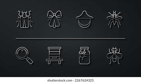 Set line Beetle bug, Magnifying glass, Mosquito, Spider jar, Hive for bees, Clothes moth, Insect fly and Beekeeper hat icon. Vector
