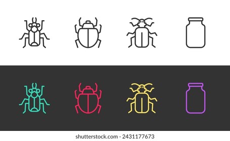 Set line Beetle bug, Mite, Chafer beetle and Glass jar on black and white. Vector