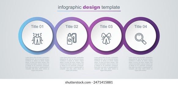 Fije la línea de escarabajo, pulverizador a presión, polilla de la ropa y lupa. Plantilla de infografía de negocios. Vector