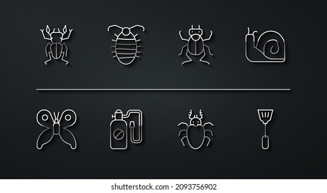 Set line Beetle deer, Butterfly, Snail, Pressure sprayer, Larva insect, Fly swatter and bug icon. Vector