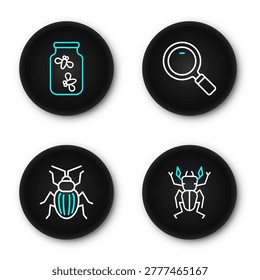 Set line Beetle deer, Chafer beetle, Magnifying glass and Fireflies bugs jar icon. Vector