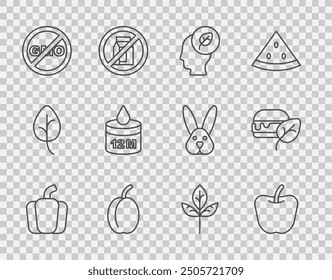 Set-Linie Paprika, Apfel, Menschlicher Kopf mit Blatt innen, Pflaumenfrucht, kein GVO, Bio-Kosmetik, Blatt oder Blätter und vegane Ernährung Symbol. Vektorgrafik