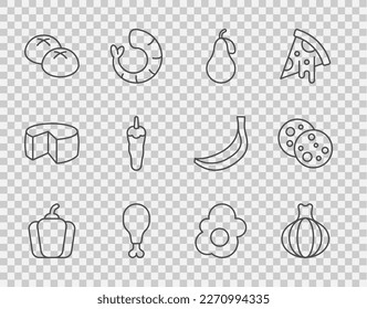 Set line Bell pepper, Onion, Pear, Chicken leg, Bread loaf, Hot chili, Scrambled egg and Cookie with chocolate icon. Vector